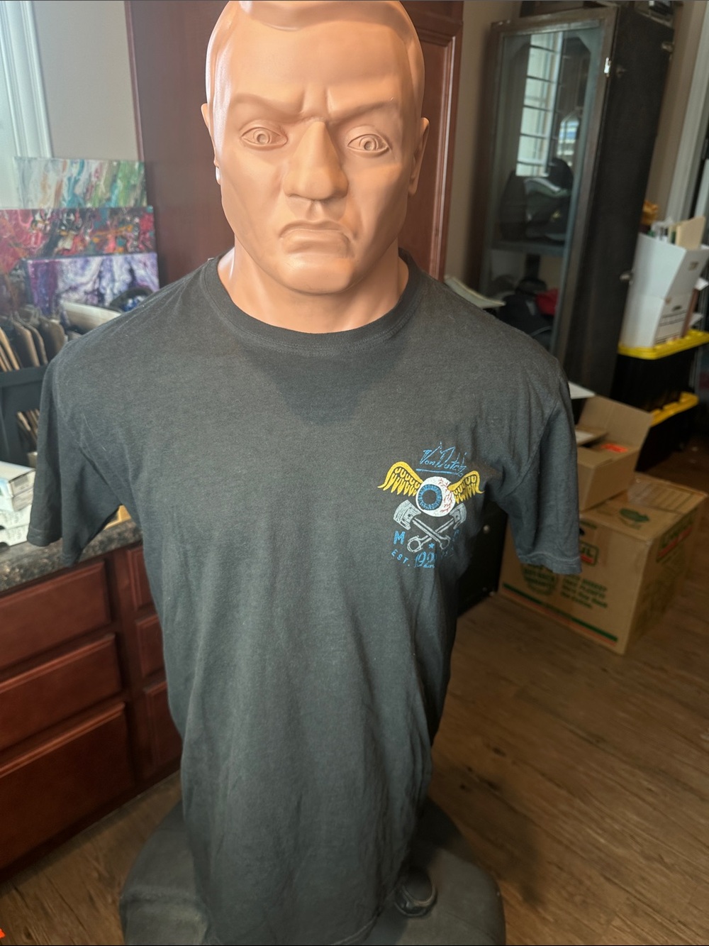 Von Dutch Charcoal Short-Sleeve Tee with Yellow & Blue Chest Graphic